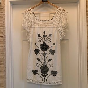 Vintage Free People Dress / Cover Up- fringed sleeves and black embroidered body